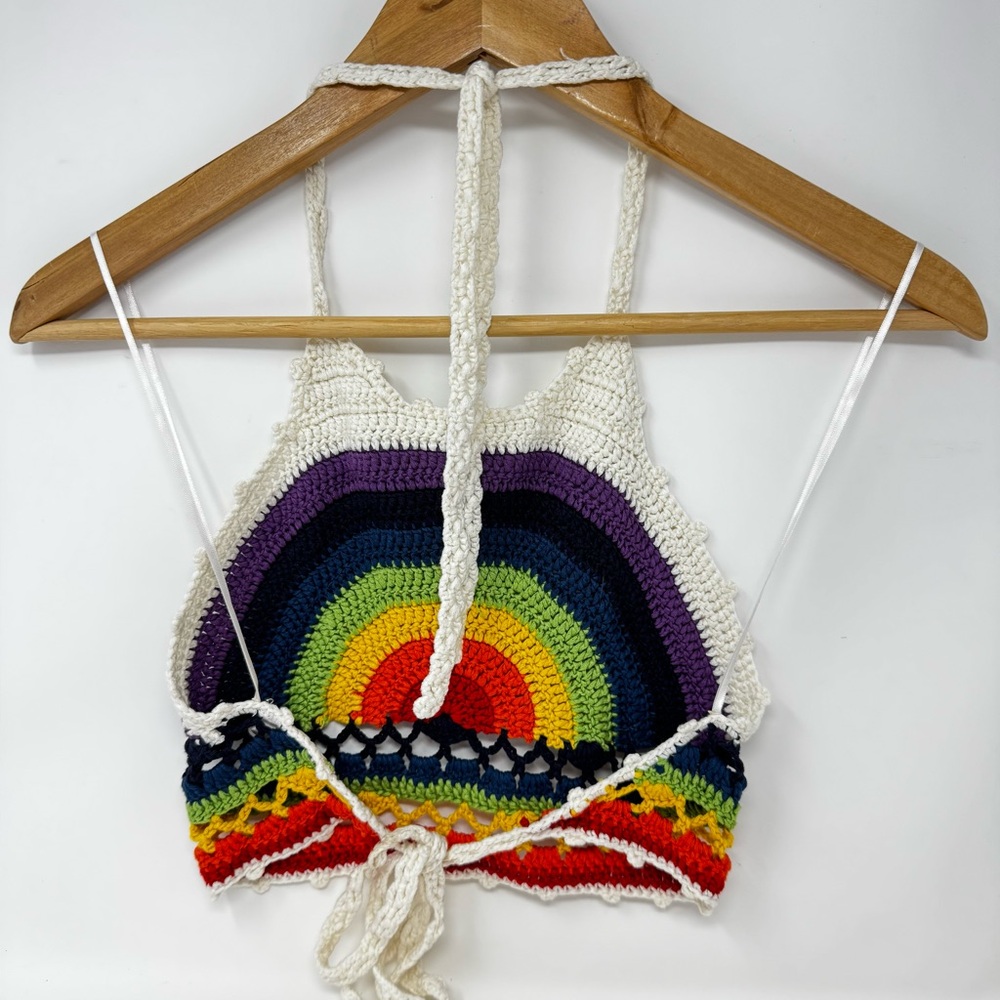 Stolen Hearts Crochet Rainbow Halter Bare Back Crop Top size s/m - Picture 2 of 9